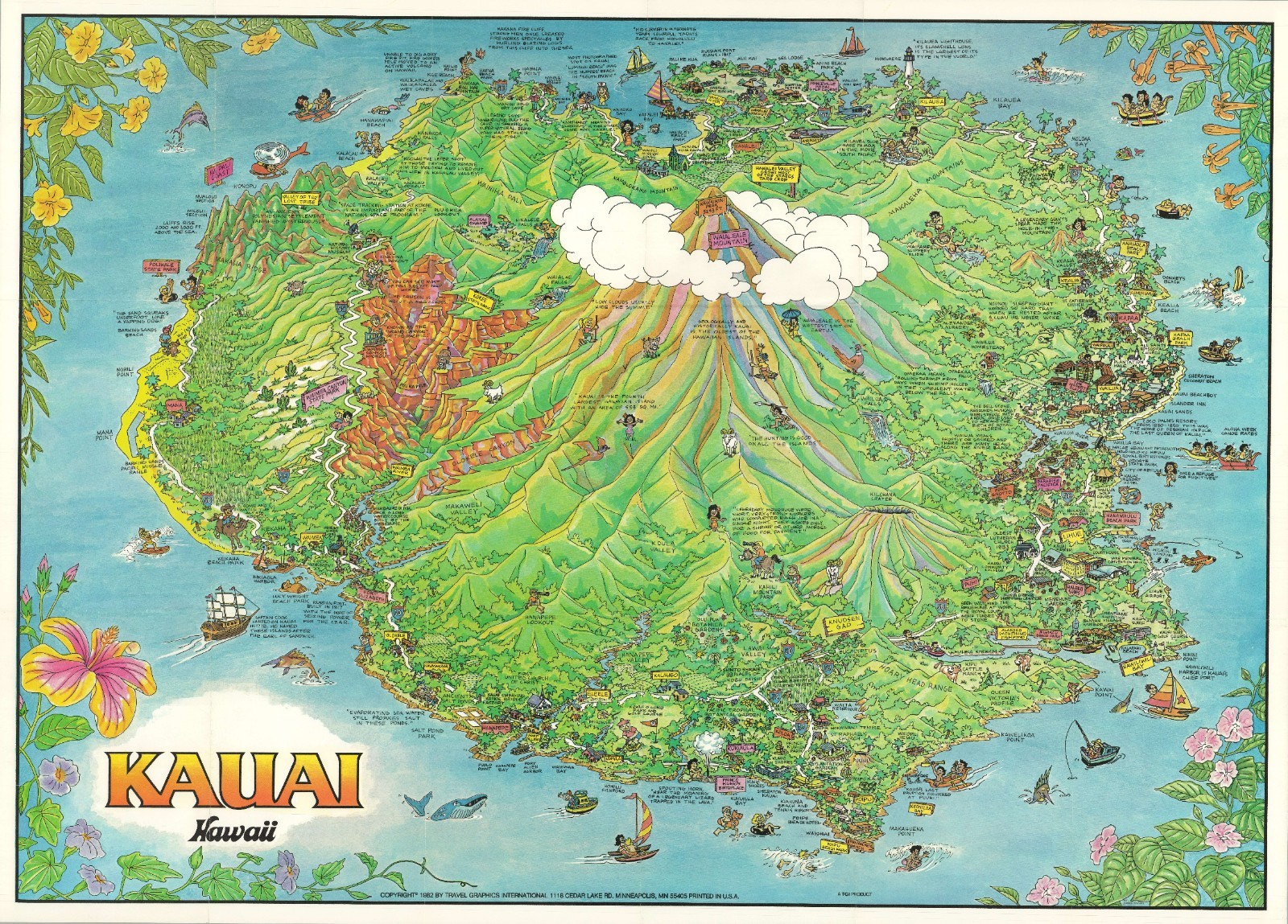 1982 Olson Pictorial Promotional View / Map of Kauai, Hawaii