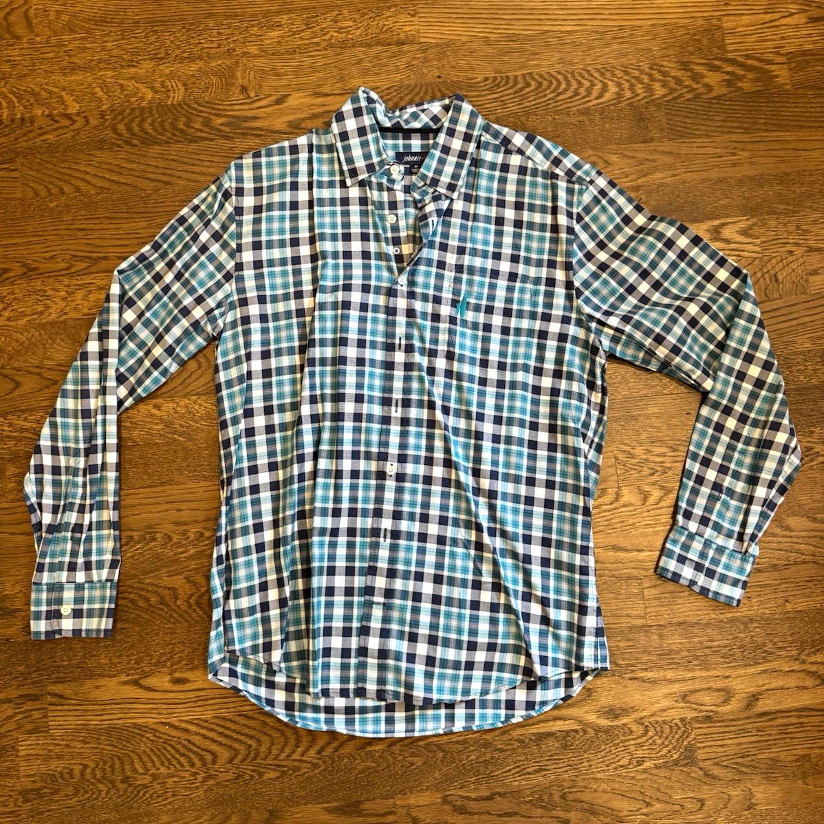 johnnie-O Men\'s Plaid Long Sleeve Button-Up Shirt Size M Blue/White/Green