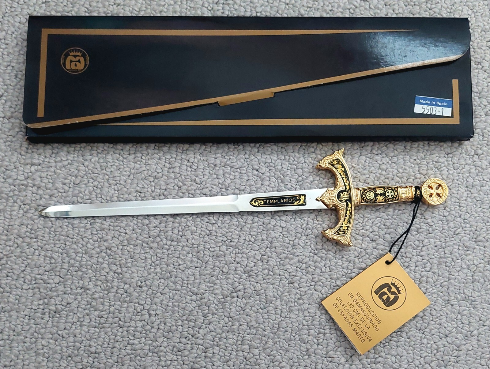 Miniature Damascene Templar Knight Sword Letter Opener by Marto of Toledo Spain