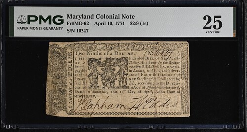 1774 April 10 Maryland Colonial 2/9 Dollar Fr MD-62 PMG 25 VF Rare Note