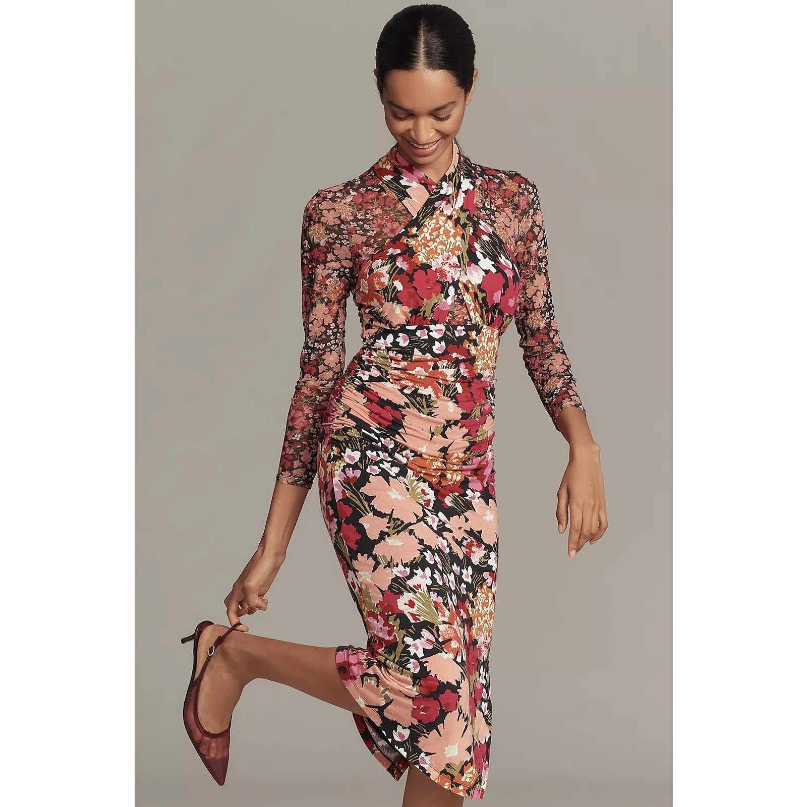 New Anthropologie Long-Sleeve Halter Mesh Midi Dress $168 SMALL Multi Floral