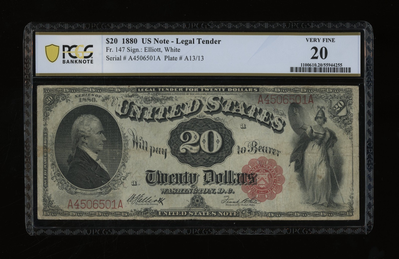 DBR 1880 $20 Legal Tender Red Seal Fr. 147 PCGS-B VF-20 Serial A4506501A