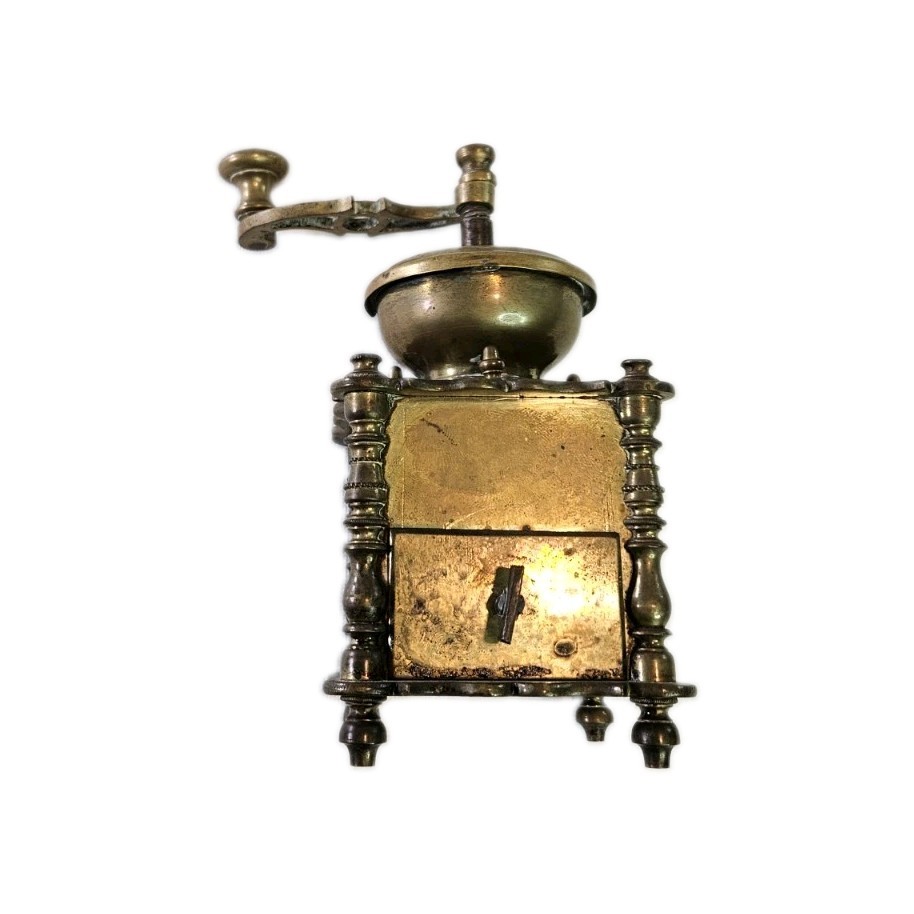 Vtg Brass Coffee Grinder Hand Crank Ornate Coffee Mill Drawer Aged Patina Ornate