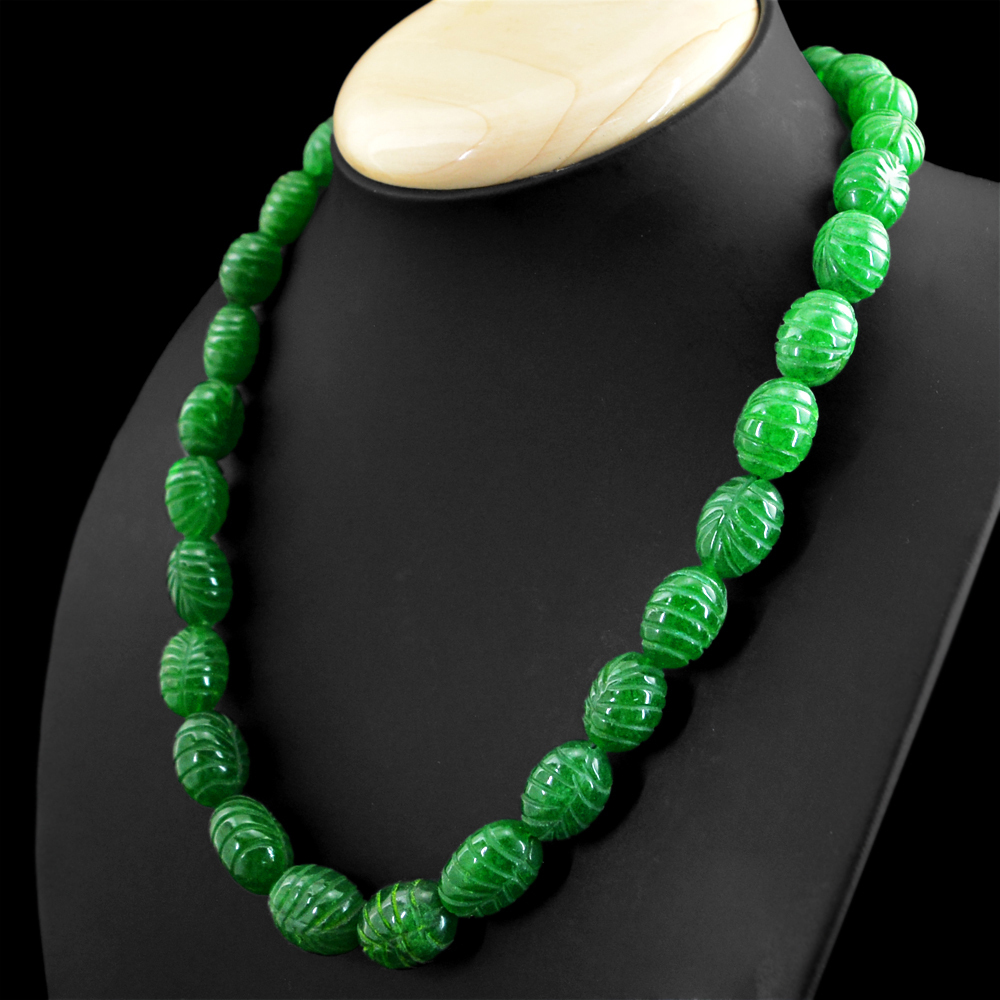 AMAZING 465.00 CTS EARTH MINED RICH GREEN EMERALD OVAL CARVED BEADS NECKLACE