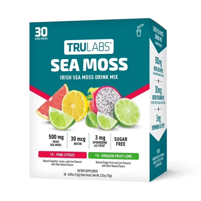 TruLabs Sea Moss Drink Mix Powder Pink Citrus and Dragon Fruit Lime 30 Ct