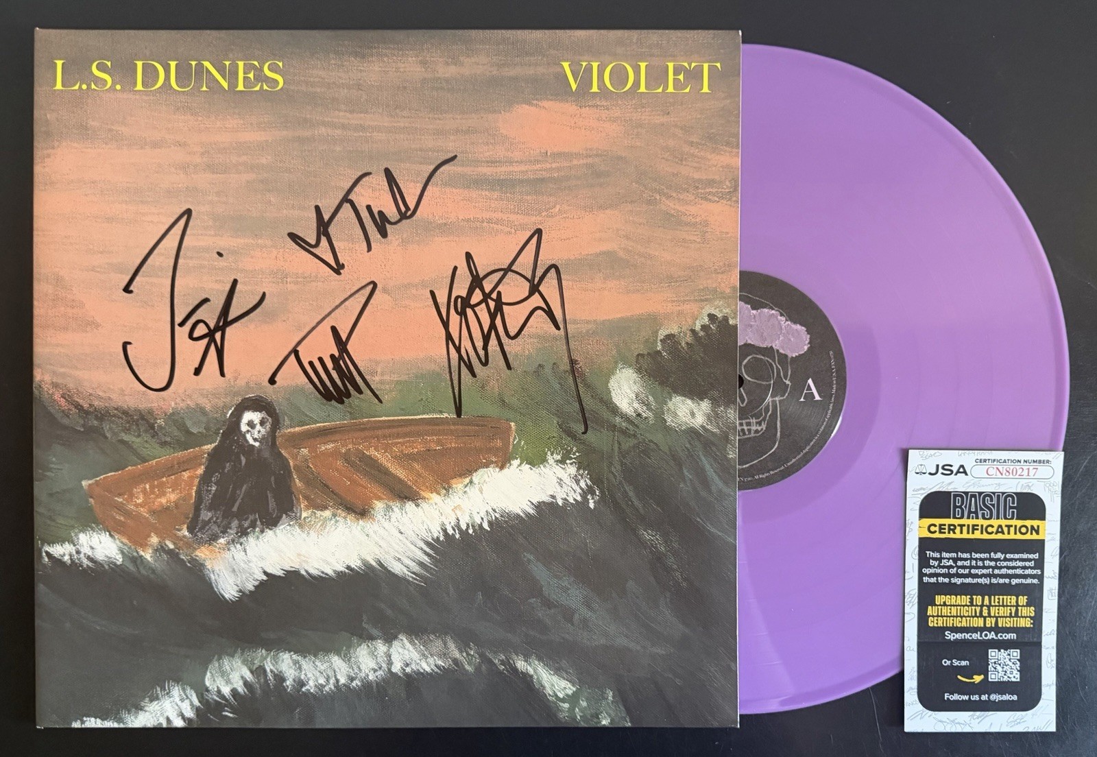 FRANK IERO +3 BAND SIGNED L.S. DUNES “VIOLET” VINYL RECORD ALBUM LP JSA COA FRANK IERO +3 BAND SIGNED L.S. DUNES “VIOLET” VINYL RECORD ALBUM LP JSA COA