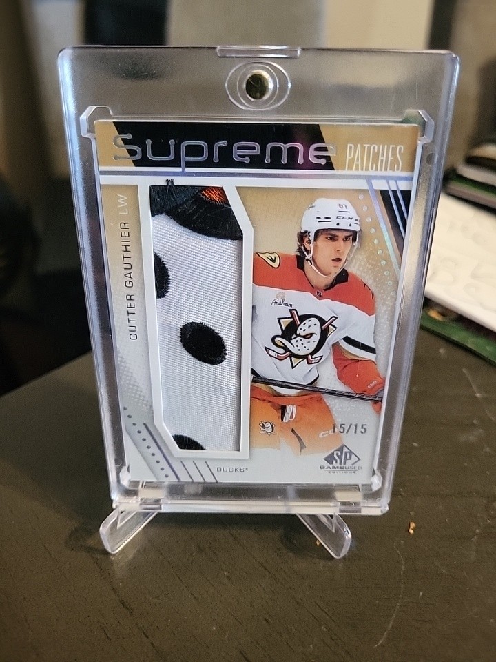  25-26 UD SP Game Used Cutter Gauthier Supreme Patches /15 Bookend Anaheim Ducks