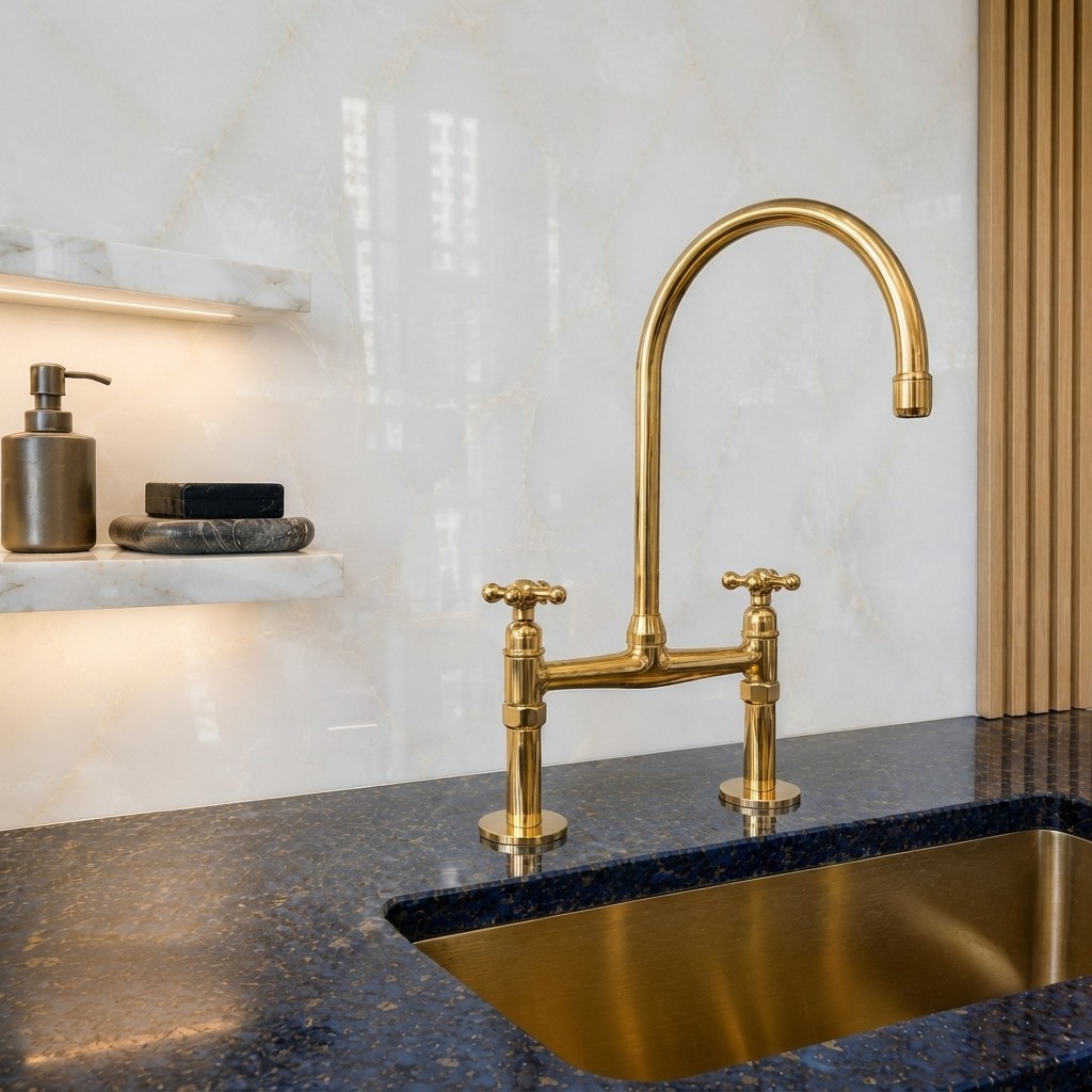 Unlacquered Solid Brass Bridge Kitchen Faucet 8