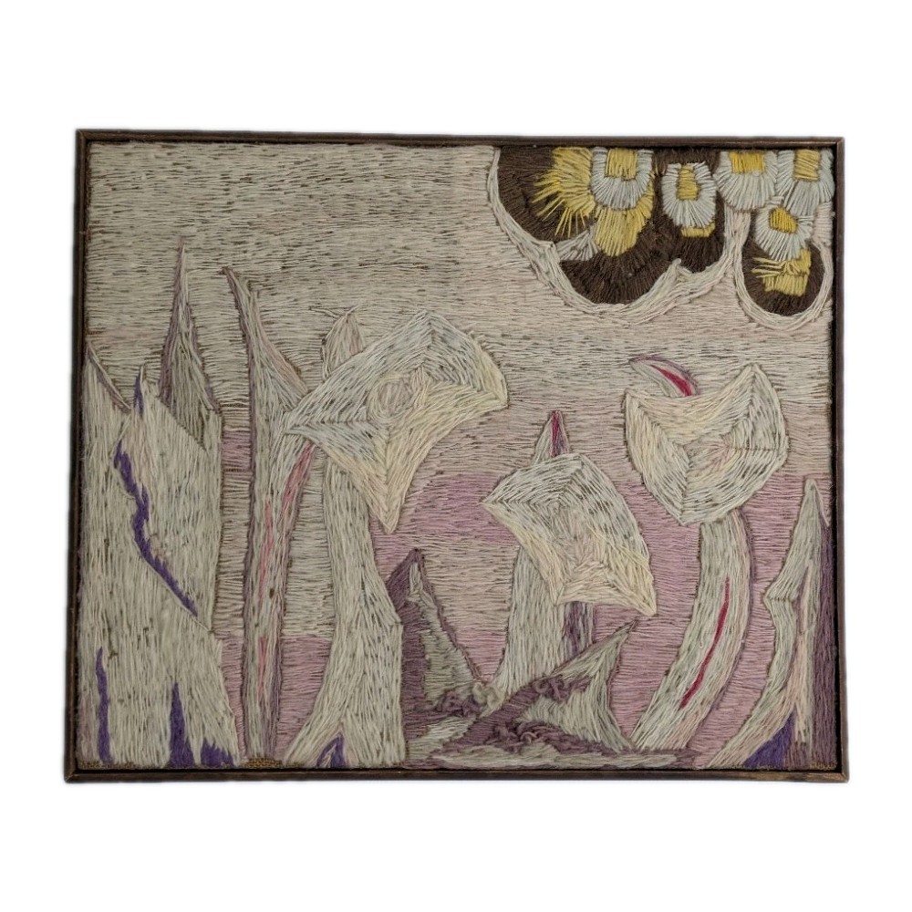 Vintage 1970s Crewel Embroidery Fiber Art Floral Framed Wall Hanging MCM Boho