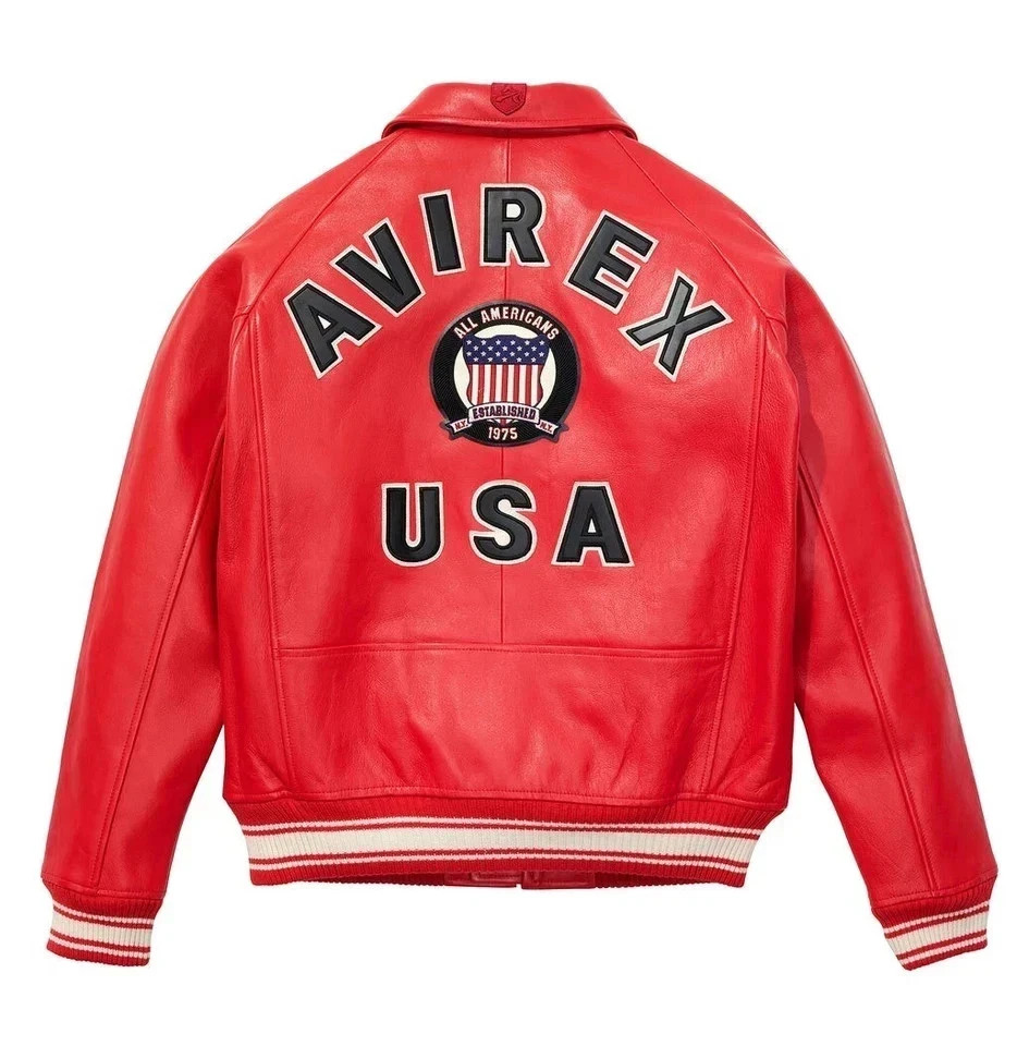 Men’s Avirex Red Real Bomber American Flight Jacket Leather Jacket for Men Gift