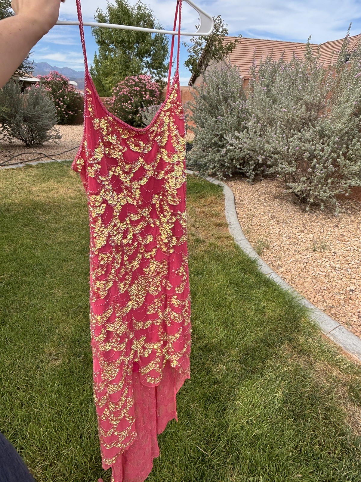Vintage Y2K Large Cache Fairy Pink Scalloped Mermaid Maxi Sequin Dress