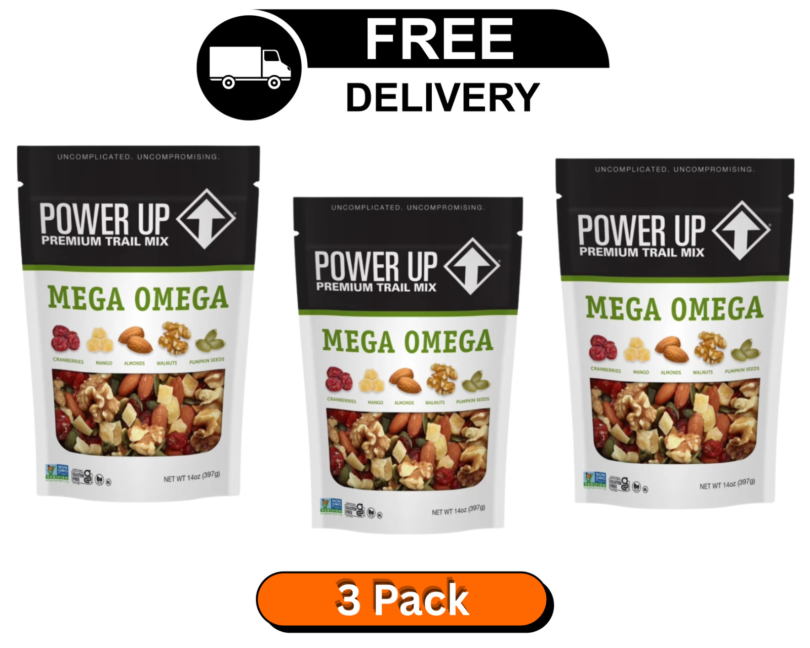 Power Up Mega Omega Trail Mix from Gourmet Nut, Resealable Bag, 14 oz, (3 Pack)