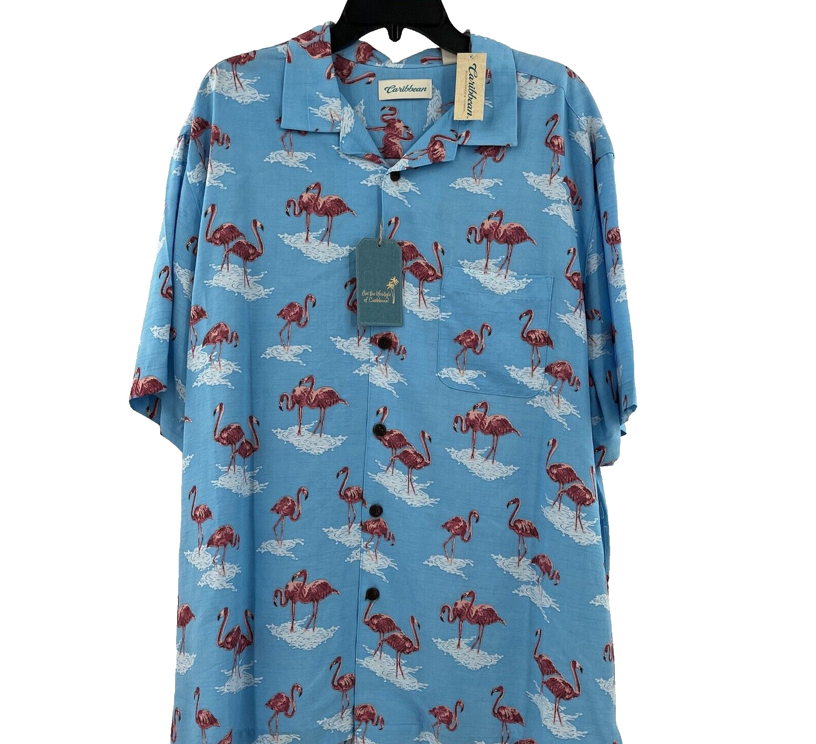 NEW Caribbean Roundtree & Yorke Men\'s Size XL Flamingo Shirt Blue Button Up