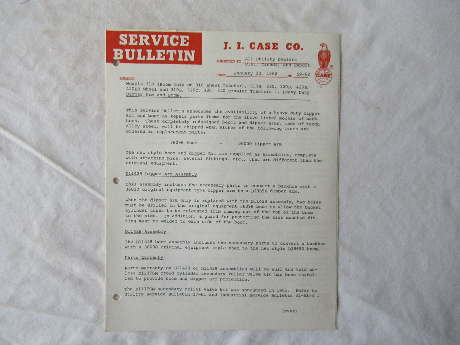 1962 J.I. Case 310 320 420 310E 310C 320B tractor service bulletin brochure 
