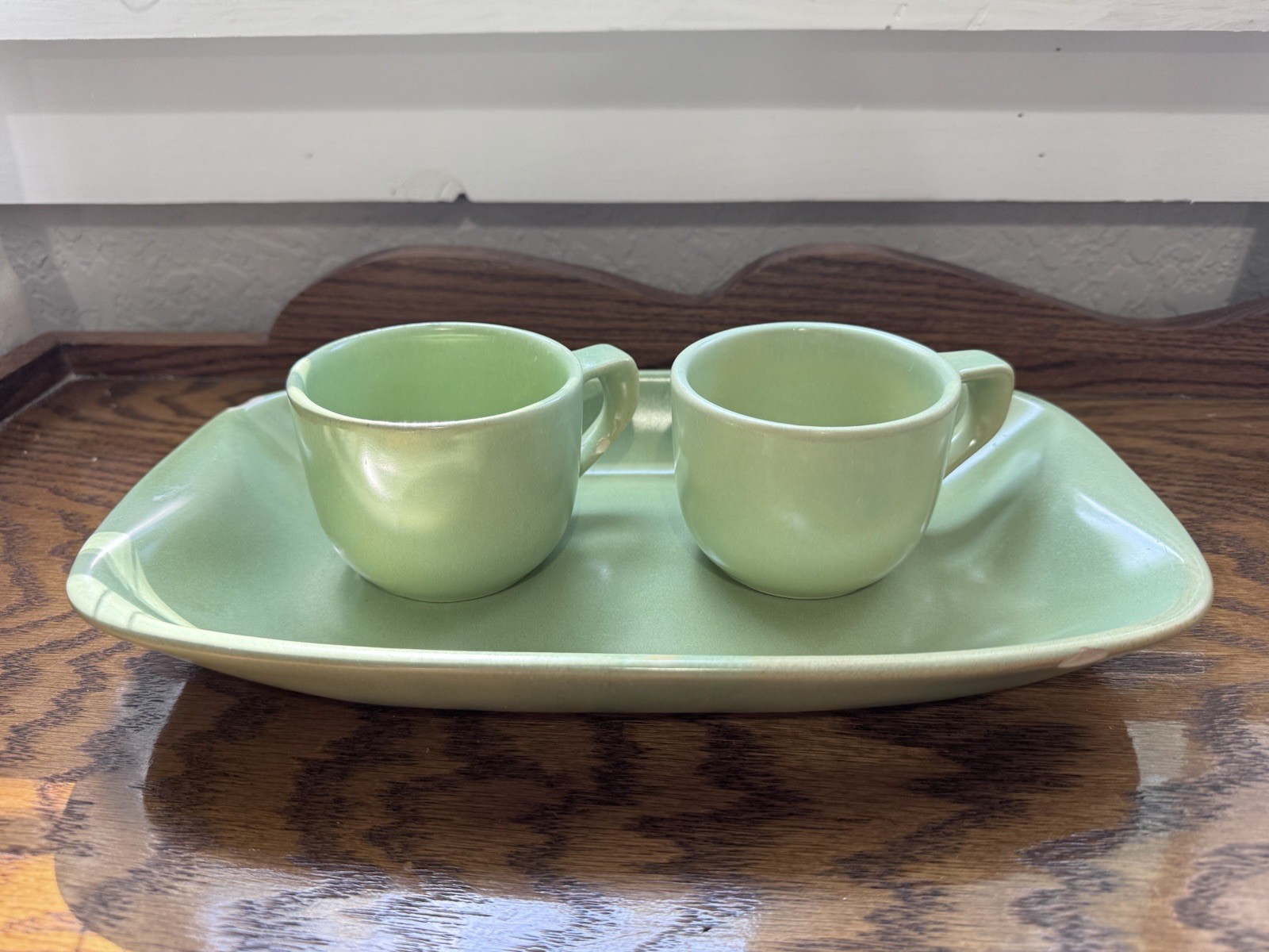 Vintage La Solana California Pottery Snack Set Green Tray with Two Cups