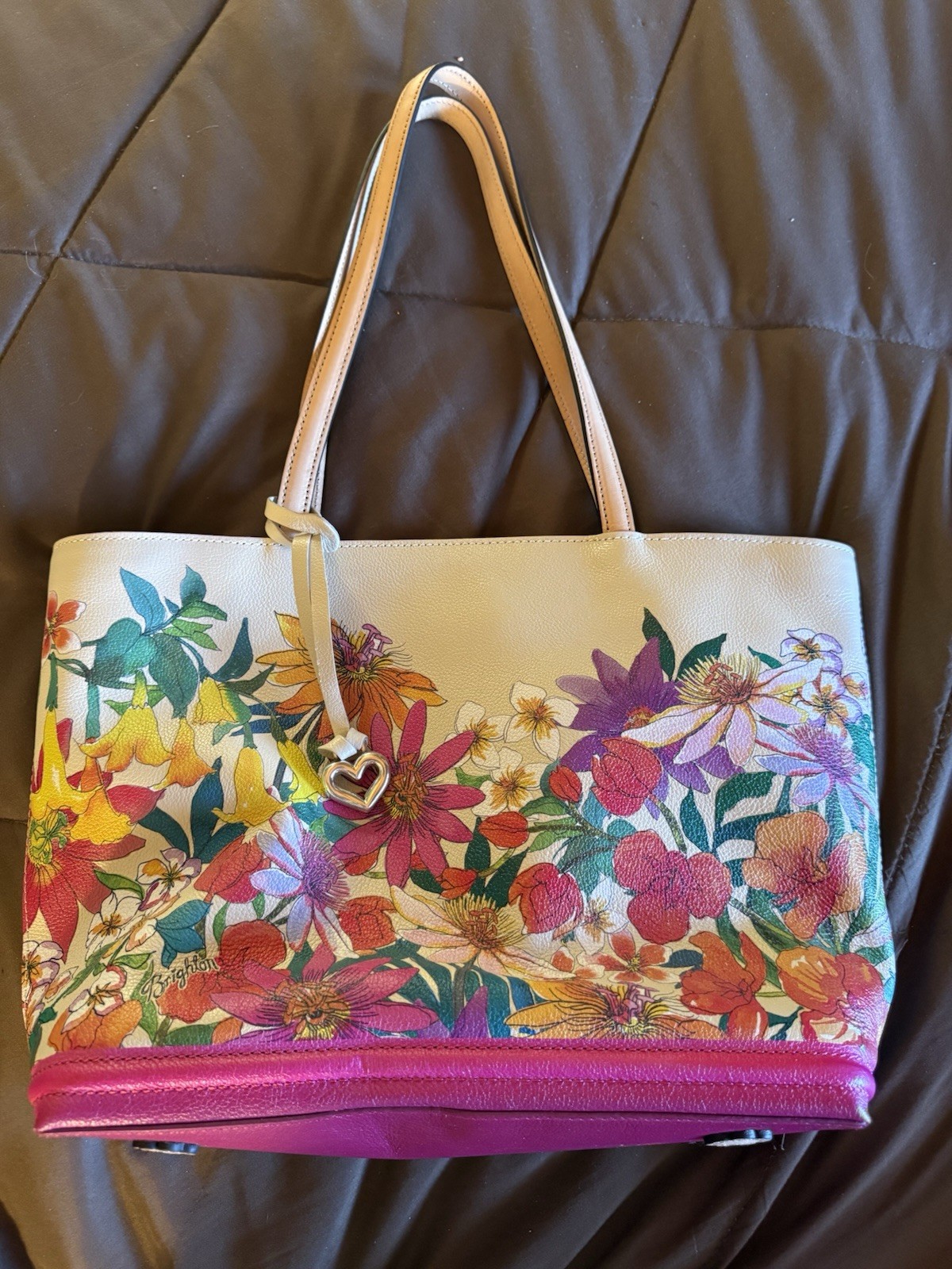 Brighton Bright Spring Colors Orchid Flower Leather Tote New Never Used   