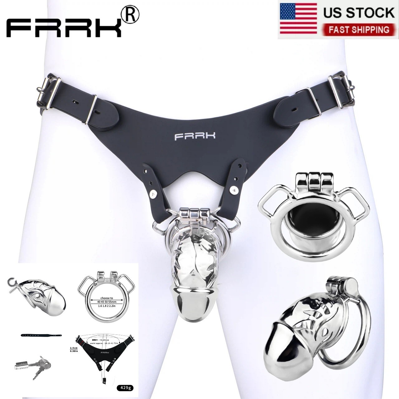 FRRK Male Chastity Cage Device with Straps Harness Band Belt Ergonomics 45 50mm