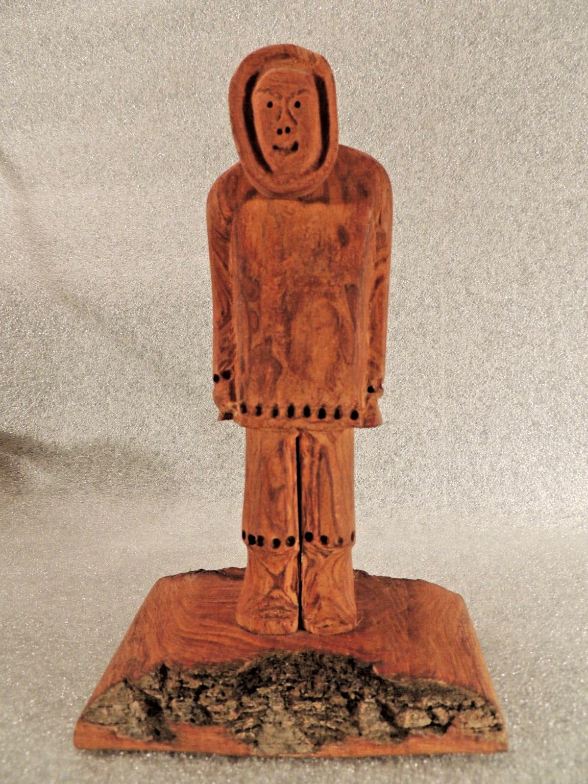 INUIT ESKIMO SCULPTURE Vintage Hand Carved Driftwood Hunter Figure Alaska Signed