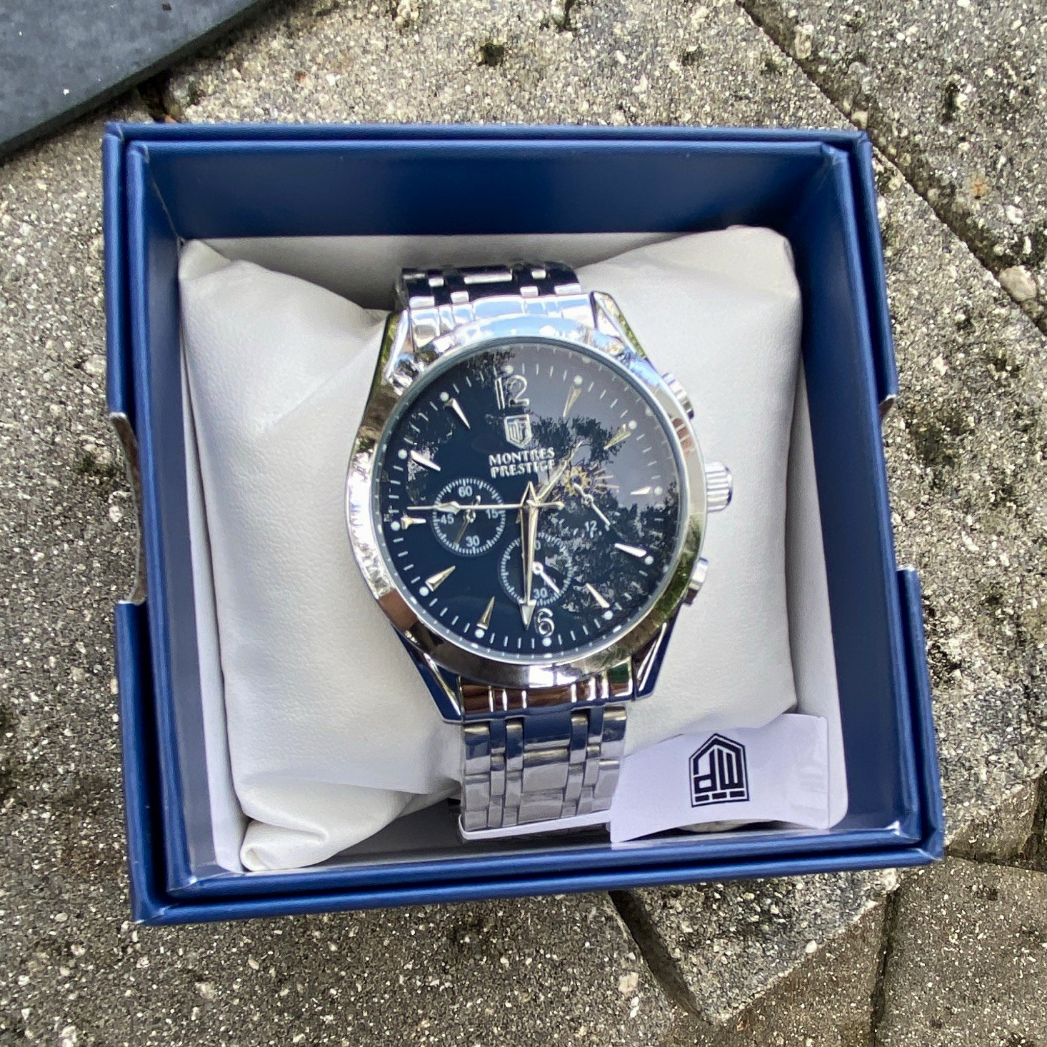 Montres Prestige Men’s Stainless Steel Quartz Chronograph Blue Dial 44mm Box