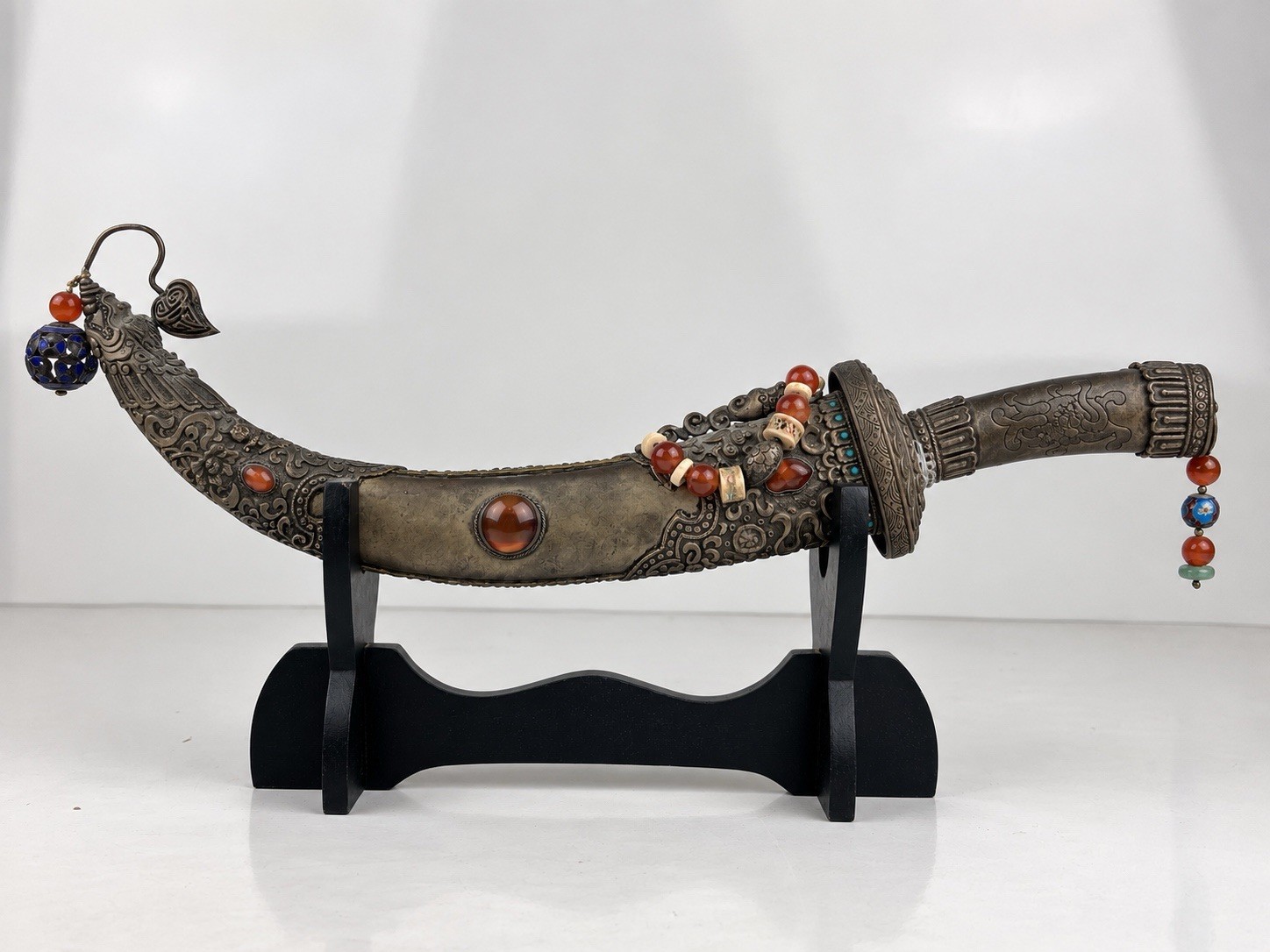 Vtg Asian Chinese Tibetan Mongolian Temple Sword Dagger Ornate Stones W/ Stand Vtg Asian Chinese Tibetan Mongolian Temple Sword Dagger Ornate Stones W/ Stand