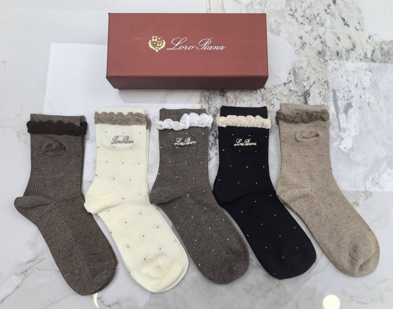 Loro Piana Women Socks 5 Pairs Box Ruffle Edge Dotted Cotton Socks