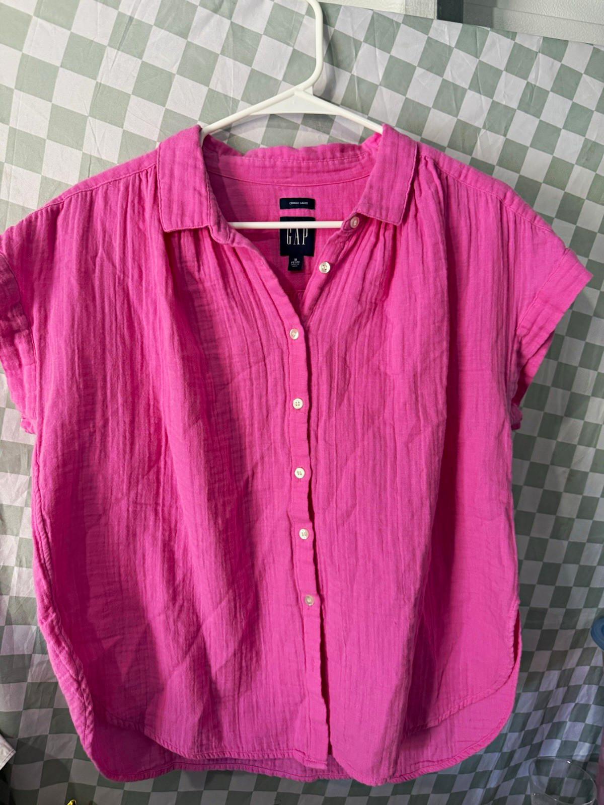 Gap Petites Pink Solid Gauze Cotton Collared Short Sleeve Button-Up PM