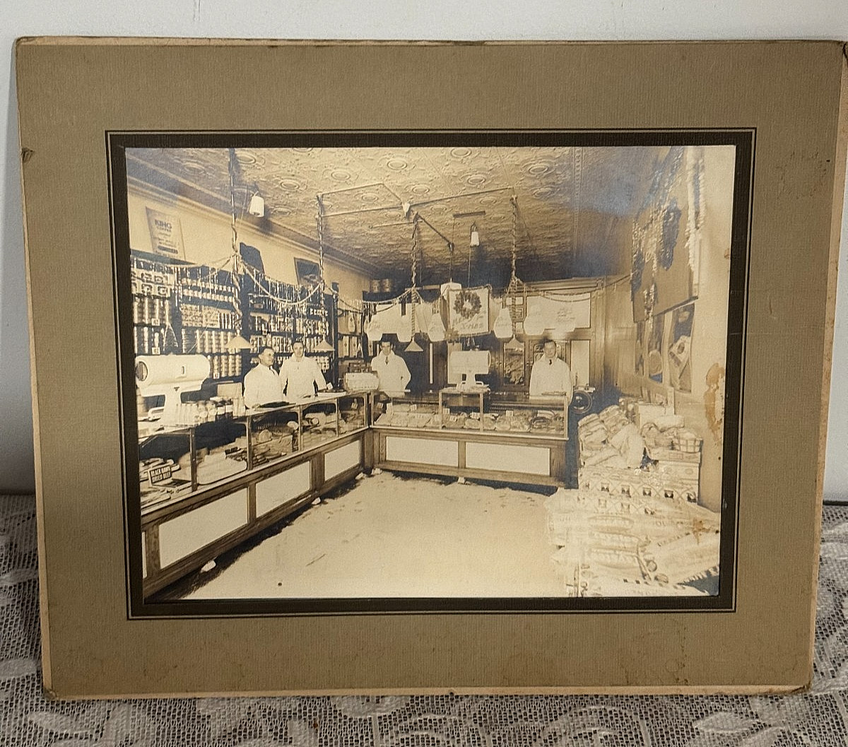Early 1900's Interior Photograph Meat Market Grocery Store DETROIT Christmas