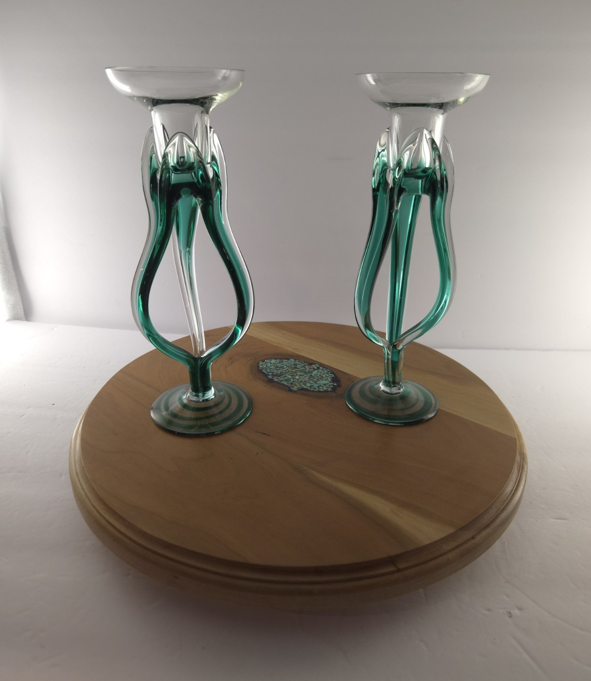 Jozefina Krosno Green Art Glass Jellyfish Candlestick Holders Pair, MCM Vintage 