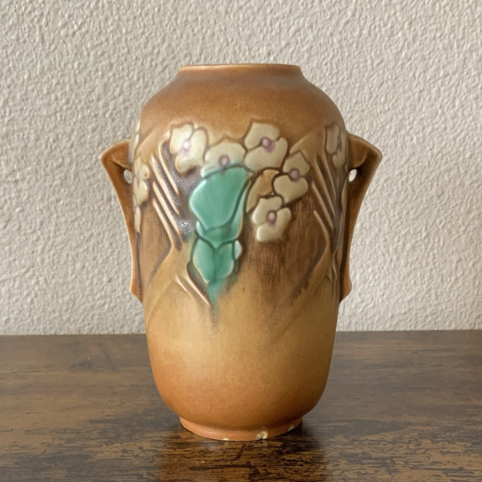 Roseville Clemana 749-6 Pottery Vase Floral Brown Green Double Handle see note Roseville Clemana 749-6 Pottery Vase Floral Brown Green Double Handle see note