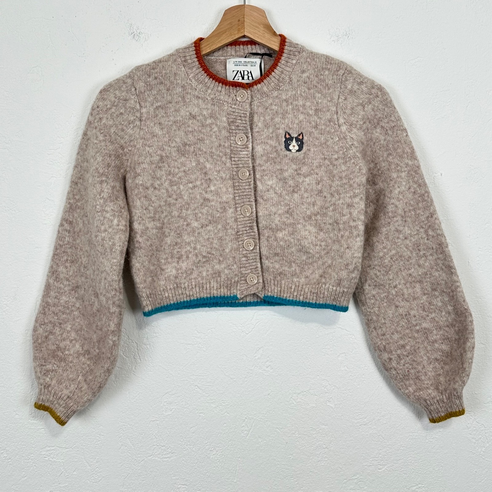 Zara Girls Kitty Cat Cardigan Size 10-11 Years Wool Alpaca Blend Balloon Sleeve