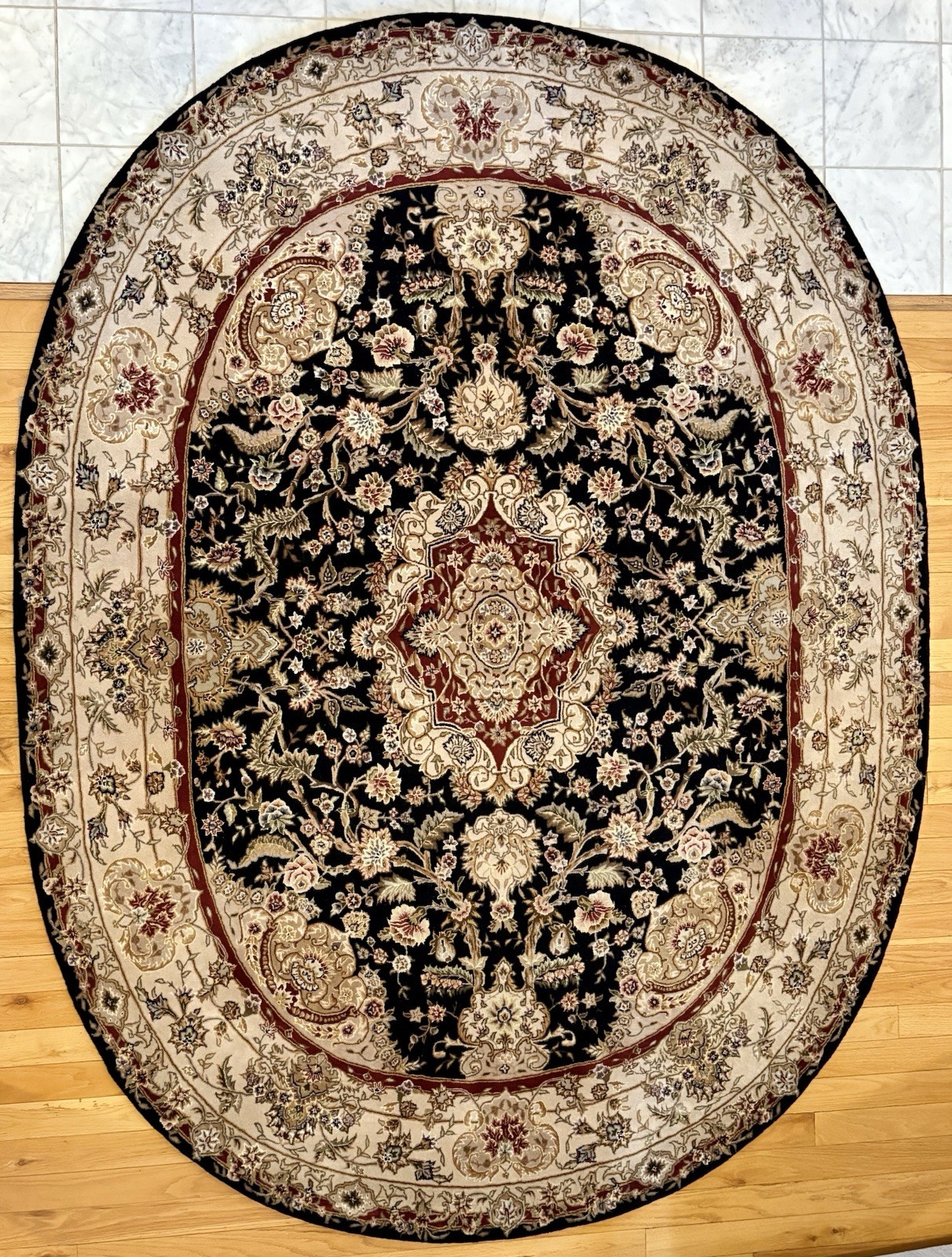 7’6” x 9’6” Nourison 2000 Wool Black Deep Red Ivory Oval Area Rug