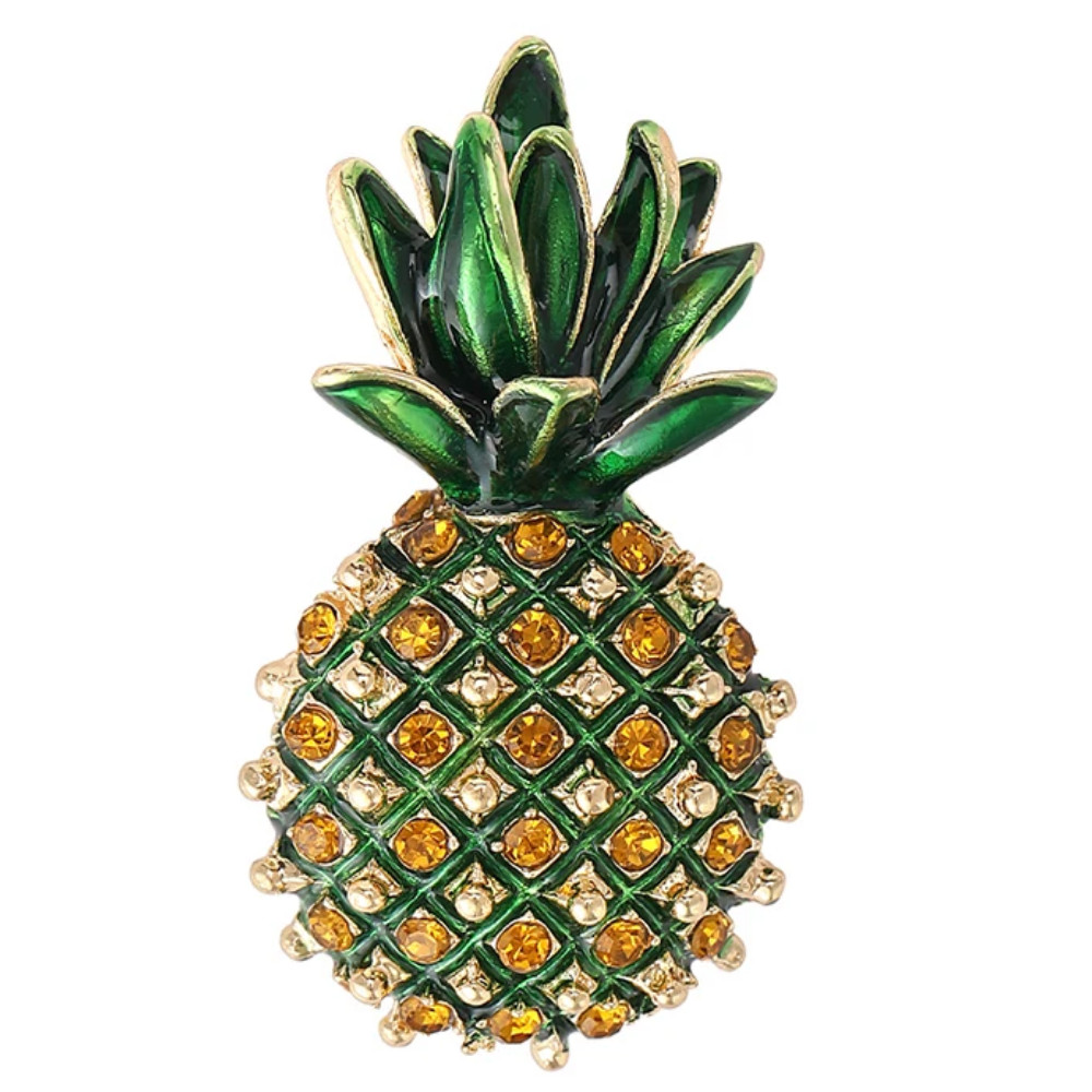 Vintage Rhinestone Pineapple Brooch  Crystal Enamel Leaf Gold Pin Summer Gift