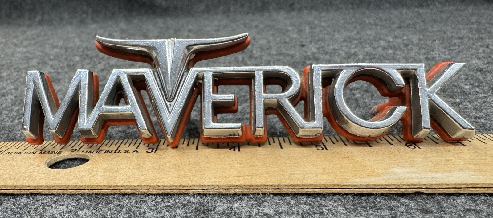 Vintage 1971-1974 Ford Maverick Orange/Chrome Nameplate D1DB-8C052-AWA