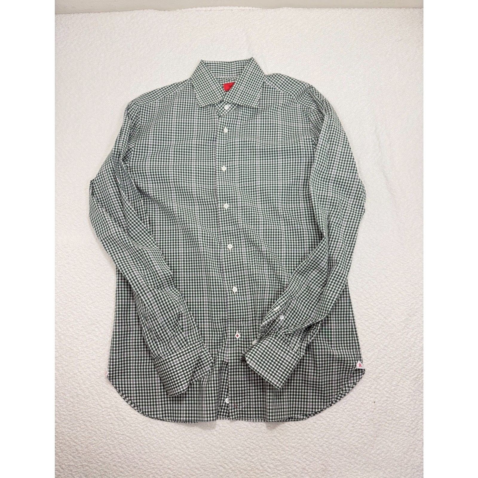 ISAIA Napoli Men\'s 15.5 39 Green Gingham Dress Shirt 100% Cotton Made Italy
