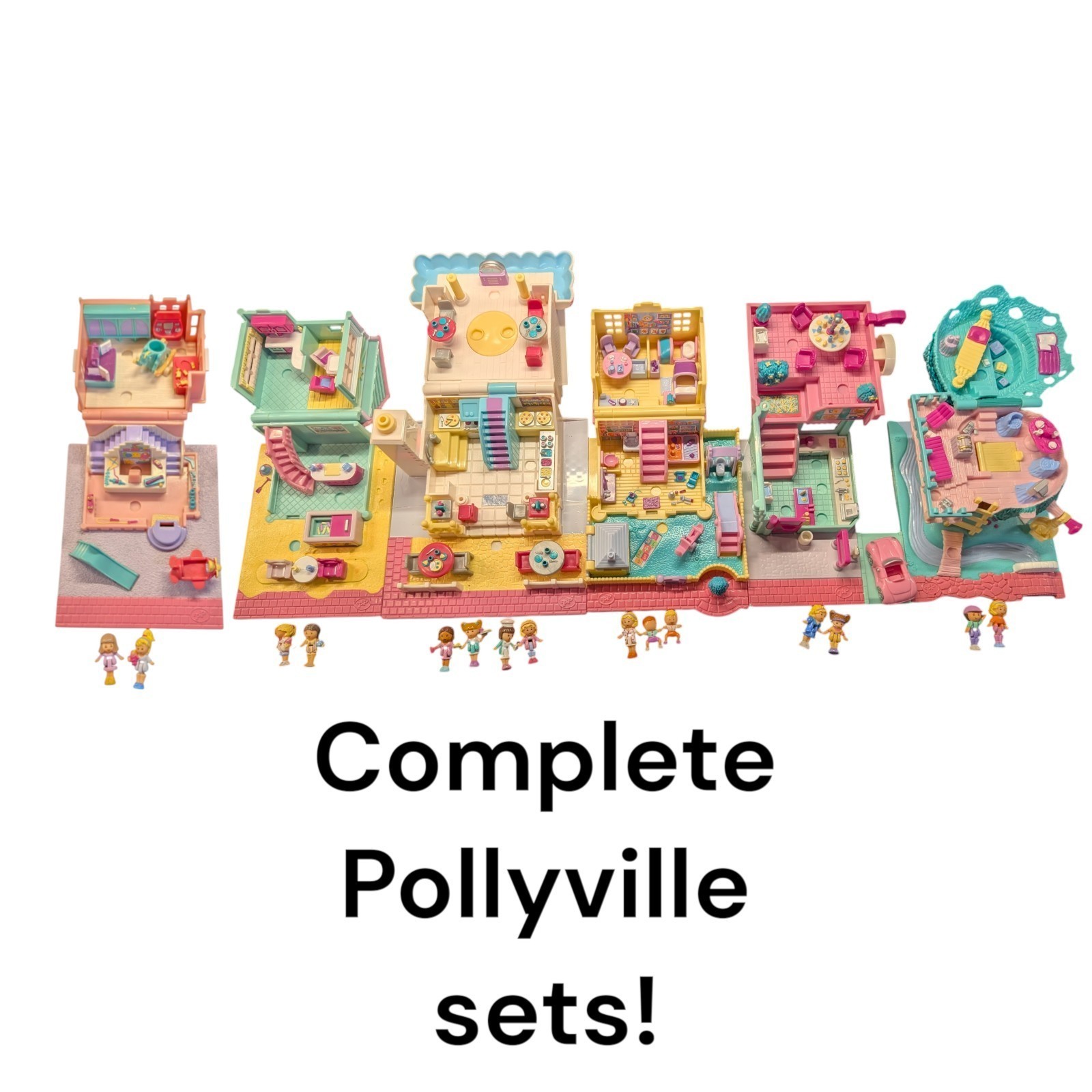 Vtg 90s Bluebird Polly Pocket Pollyville LOT Playsets + Dolls Treehouse Pizza