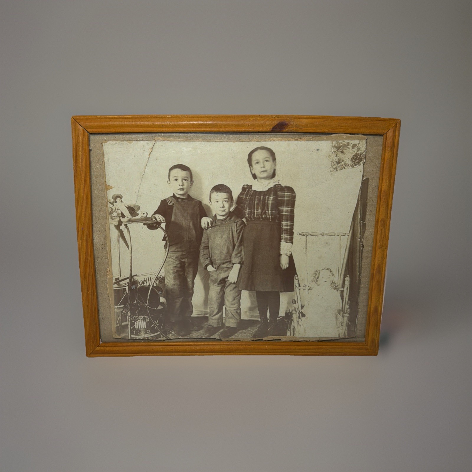 VTG Creepy Framed Picture of 3 Kids w/ Annabelle Looking Doll 11.5x9” WEIRD AF