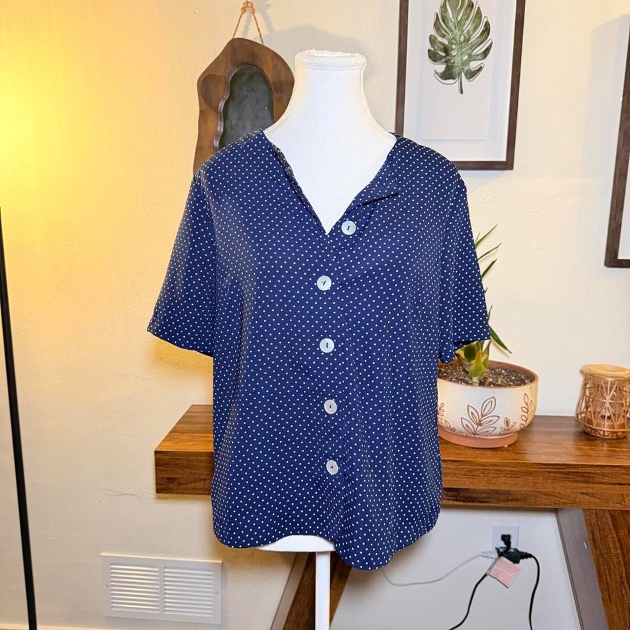 Navy Blue Polka Dot Button Up Blouse Vintage Minimalist Office Casual Short Slee Navy Blue Polka Dot Button Up Blouse Vintage Minimalist Office Casual Short Slee