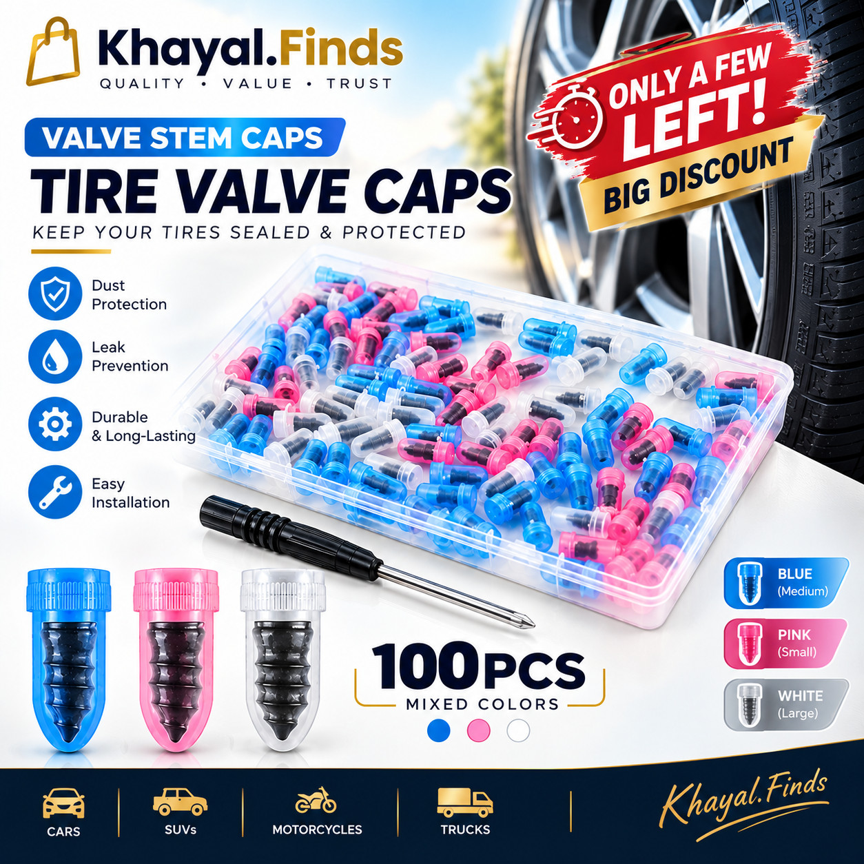 100PCS Tire Plug Kit with Large & Medium & Small Self Service Flat Screw in Tire