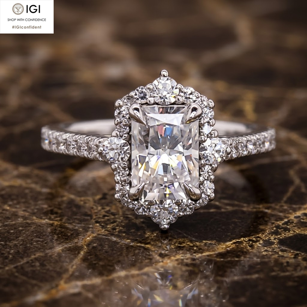 IGI 2.00Ct E VVS2 Radiant Lab Grown Diamond Halo Engagement Ring 14K White Gold