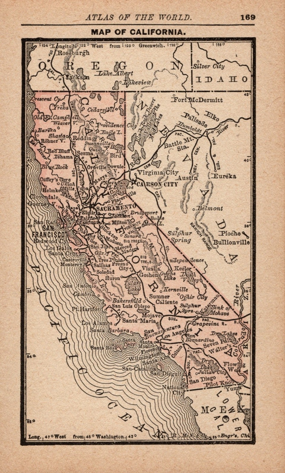 TINY Antique CALIFORNIA State Map 1888 MINIATURE Vintage Map of California 3207