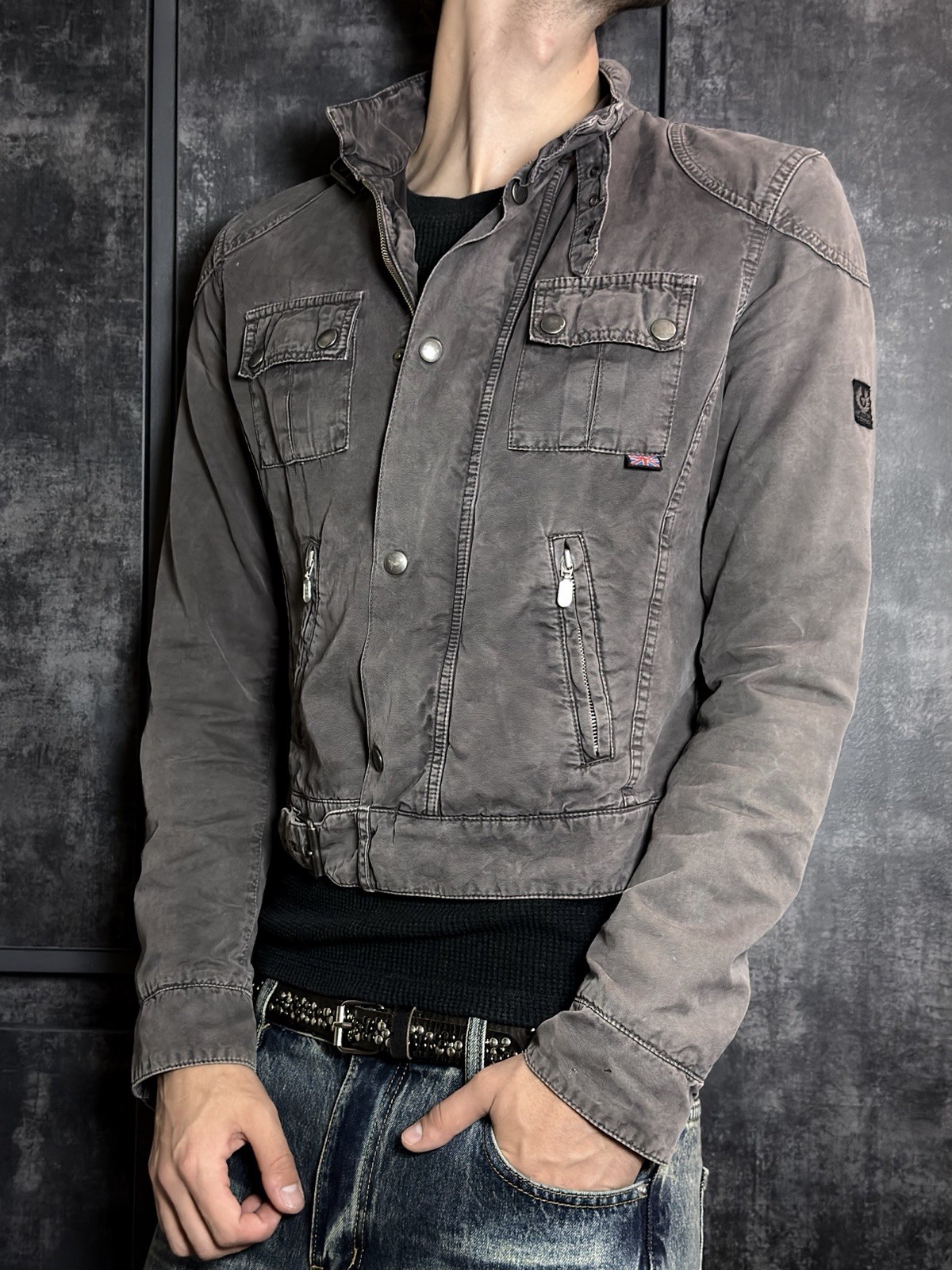 Belstaff Gold Label Tourmaster Blouson Cotton Biker Motorcycle Jacket Y2K Gray
