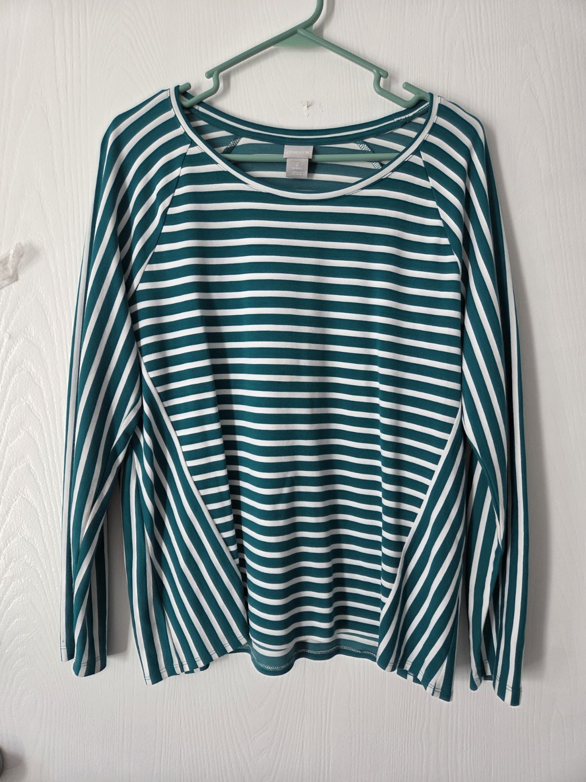 Chicos Striped Ponte Knit Top Womens Size 2 Large White Jade Green Long Sleeve 