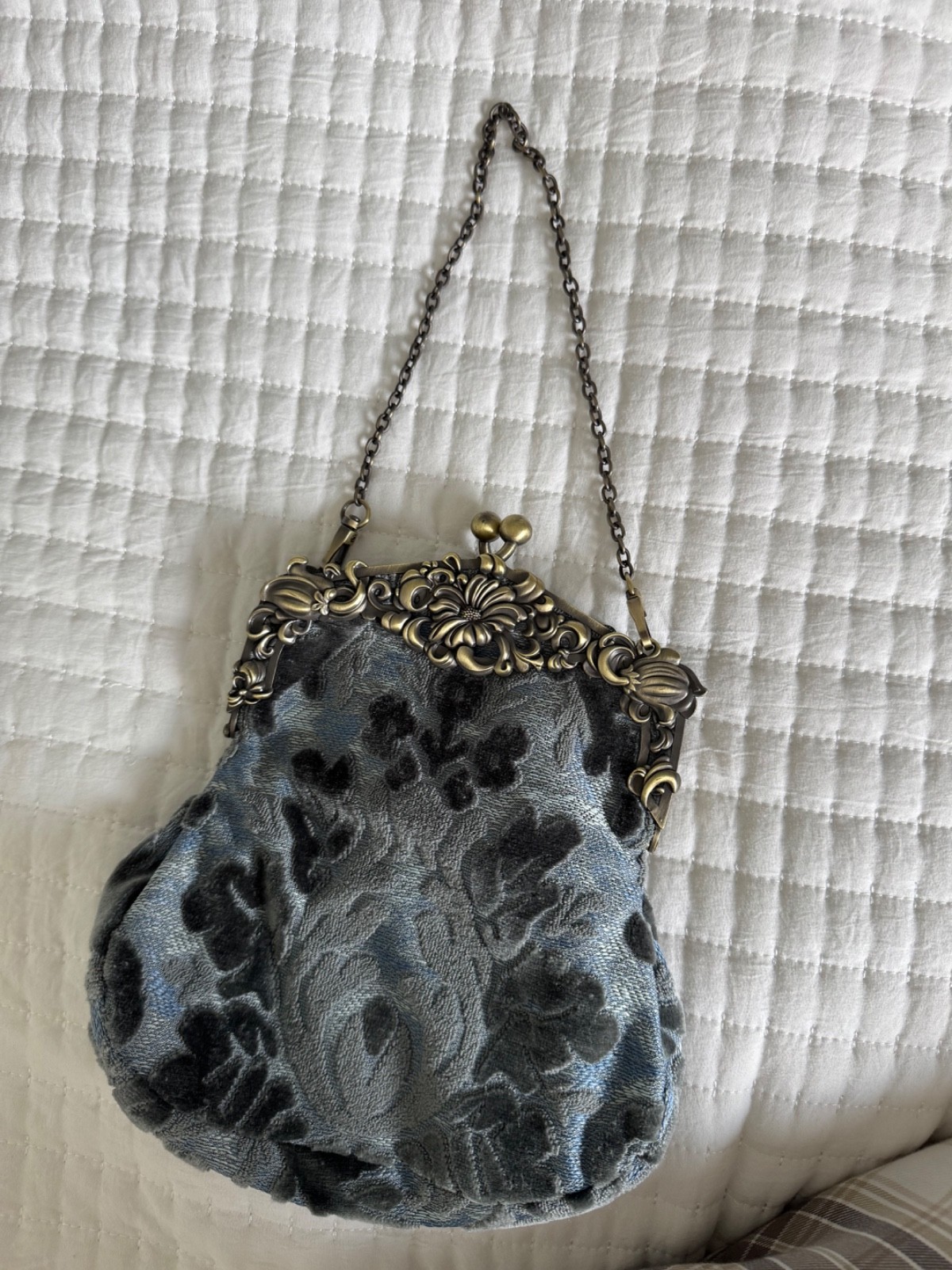 MCW Handmade Burnout Velvet Kiss Lock Purse Victorian Floral Evening Bag Chain