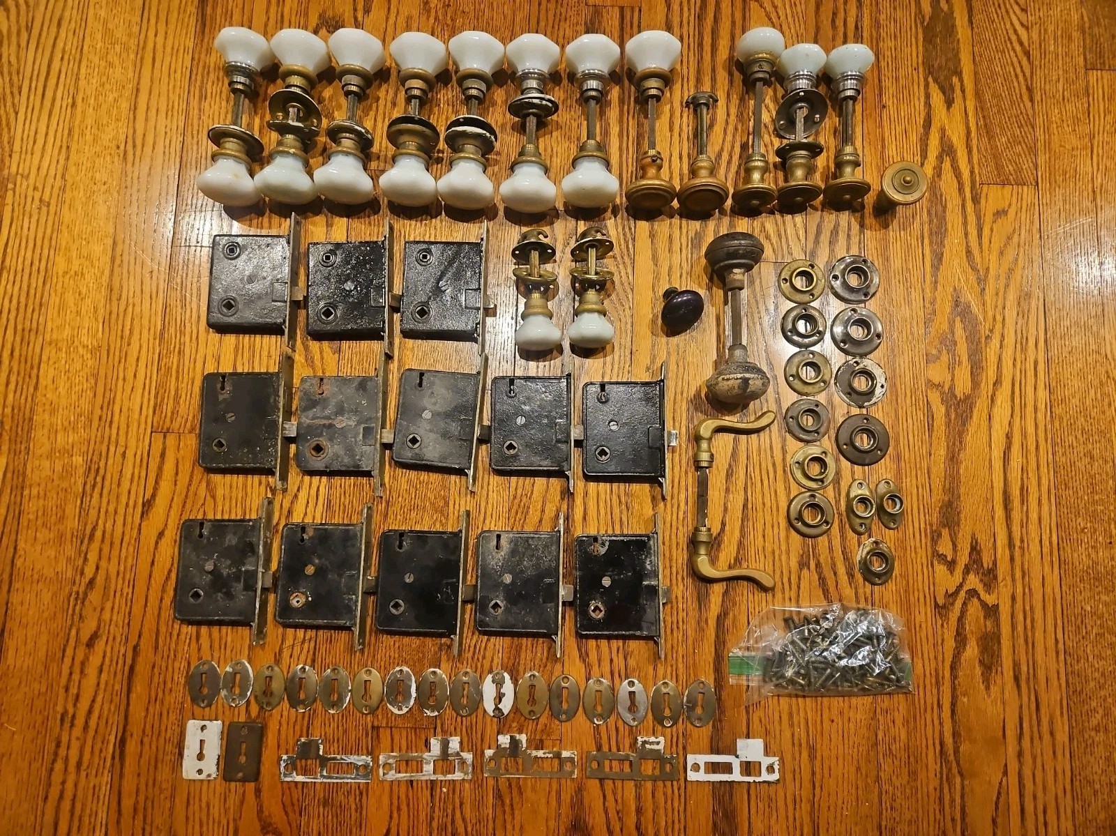 Antique 1930s Door Hardware Lot Porcelain Brass Knobs 13 Mortise Locks 1938
