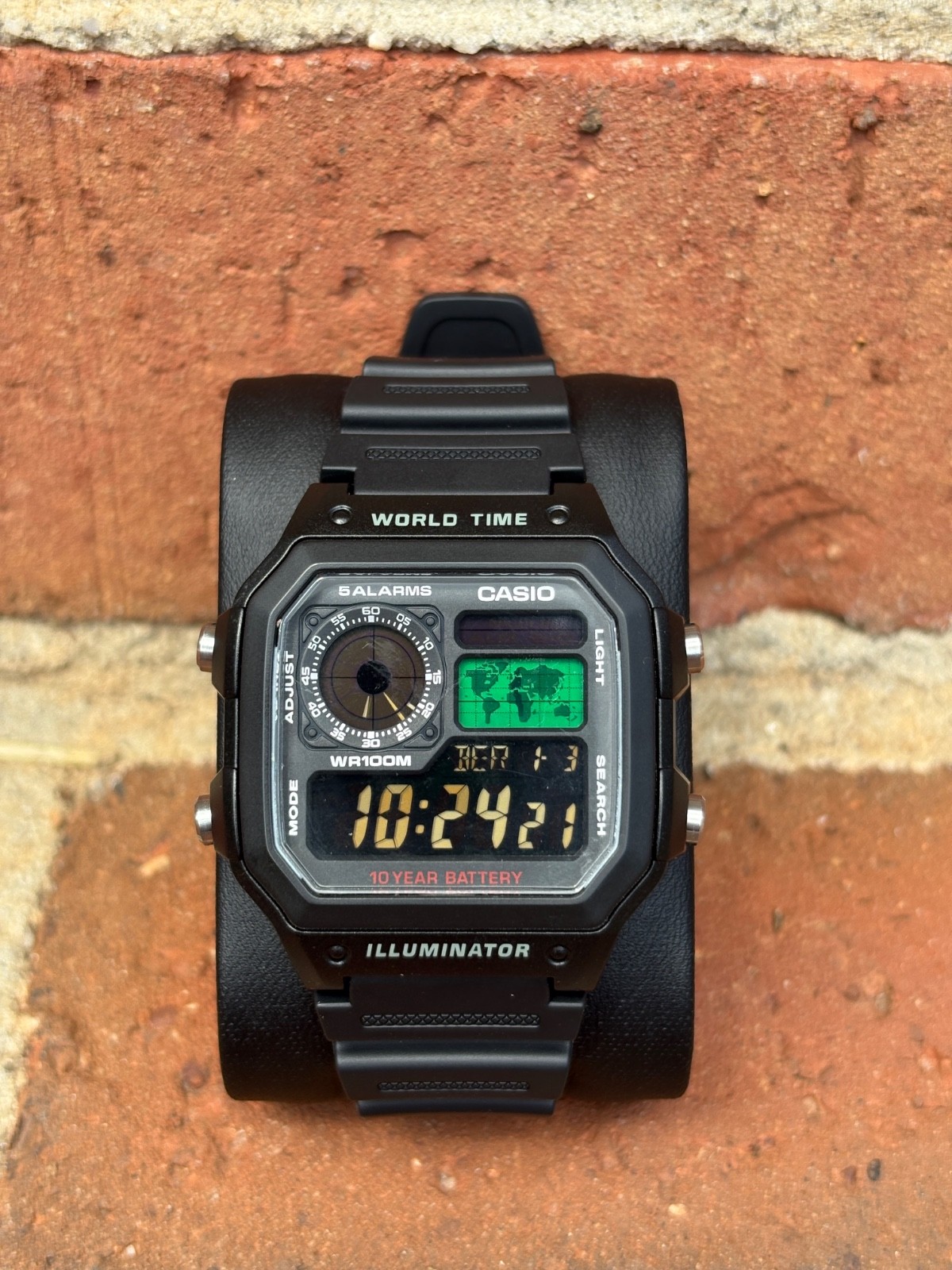 Custom Casio AE1200 Royale Mod Negative Display Green Map Black Stealth Watch