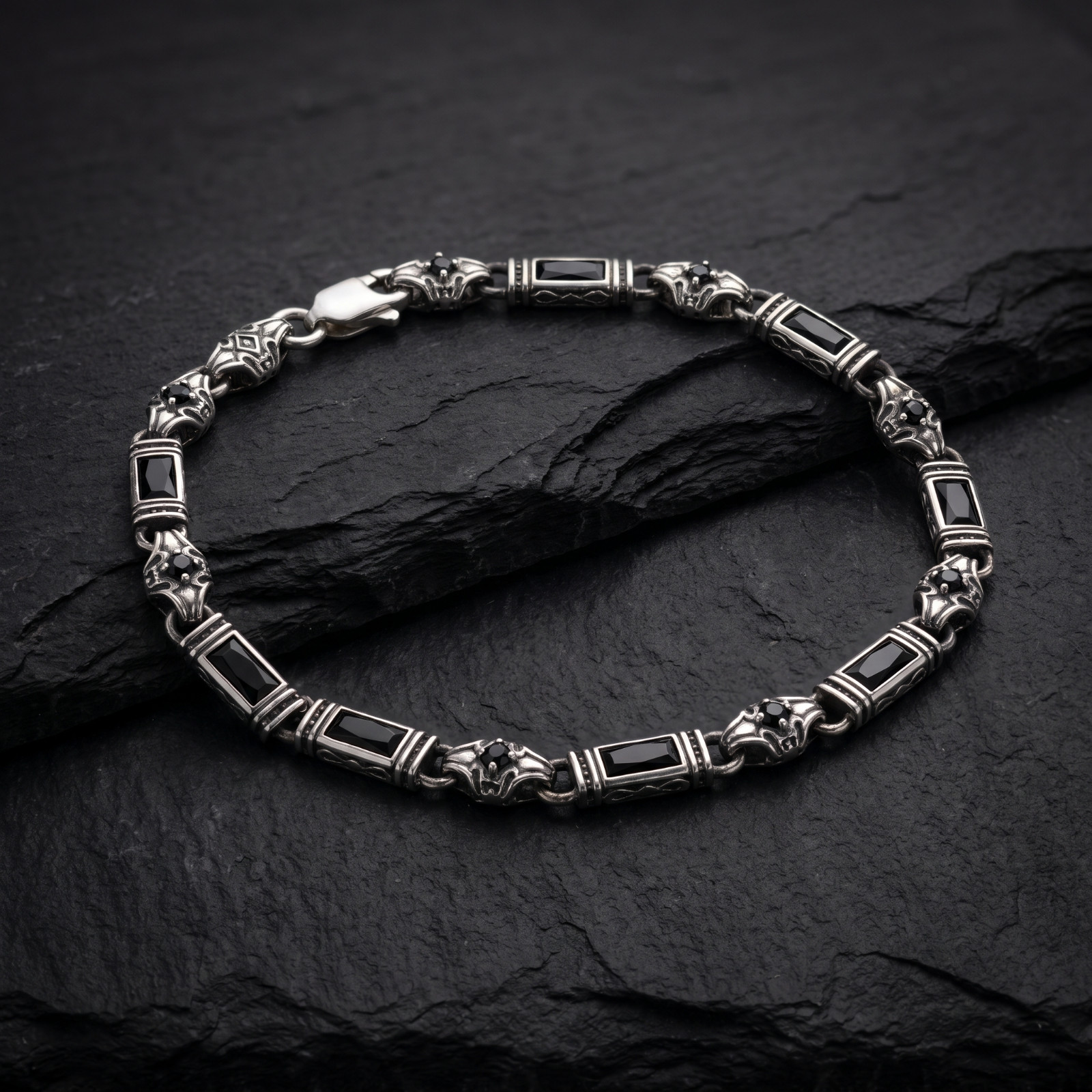 925 Sterling Silver Black Onyx Men\'s Bracelet, Turkish Handmade Jewelry Gift