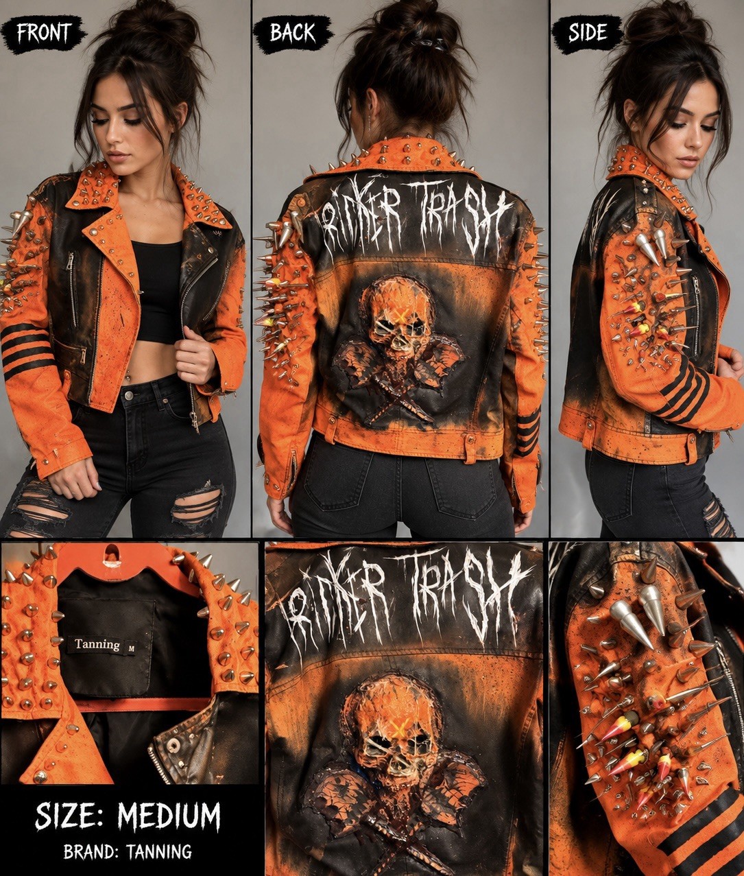 Tanming Women’s/M Black/Orange Leather Studded Biker Jacket Zip/ Halloween.