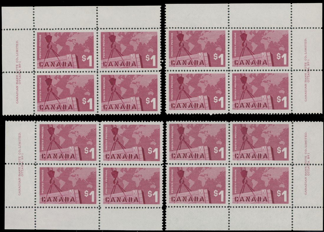 1963, CANADA-EXPORT PRODUCTS, $1 CARMINE, PLATE NO.1 ALL 4 BLOCKS UN.#411