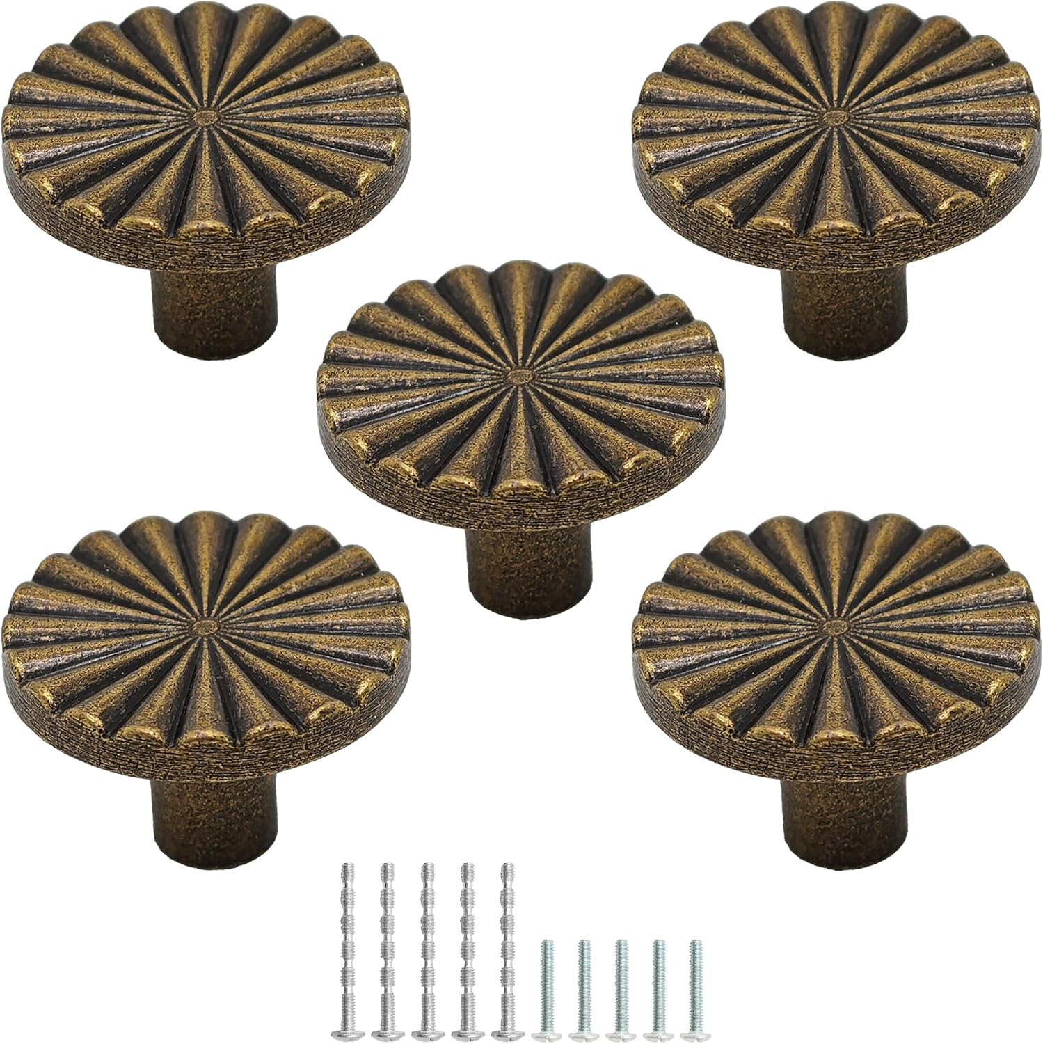 5-Pcs 30mm Antique Brass Cabinet Knobs Vintage Round Drawer Pulls Cupboard