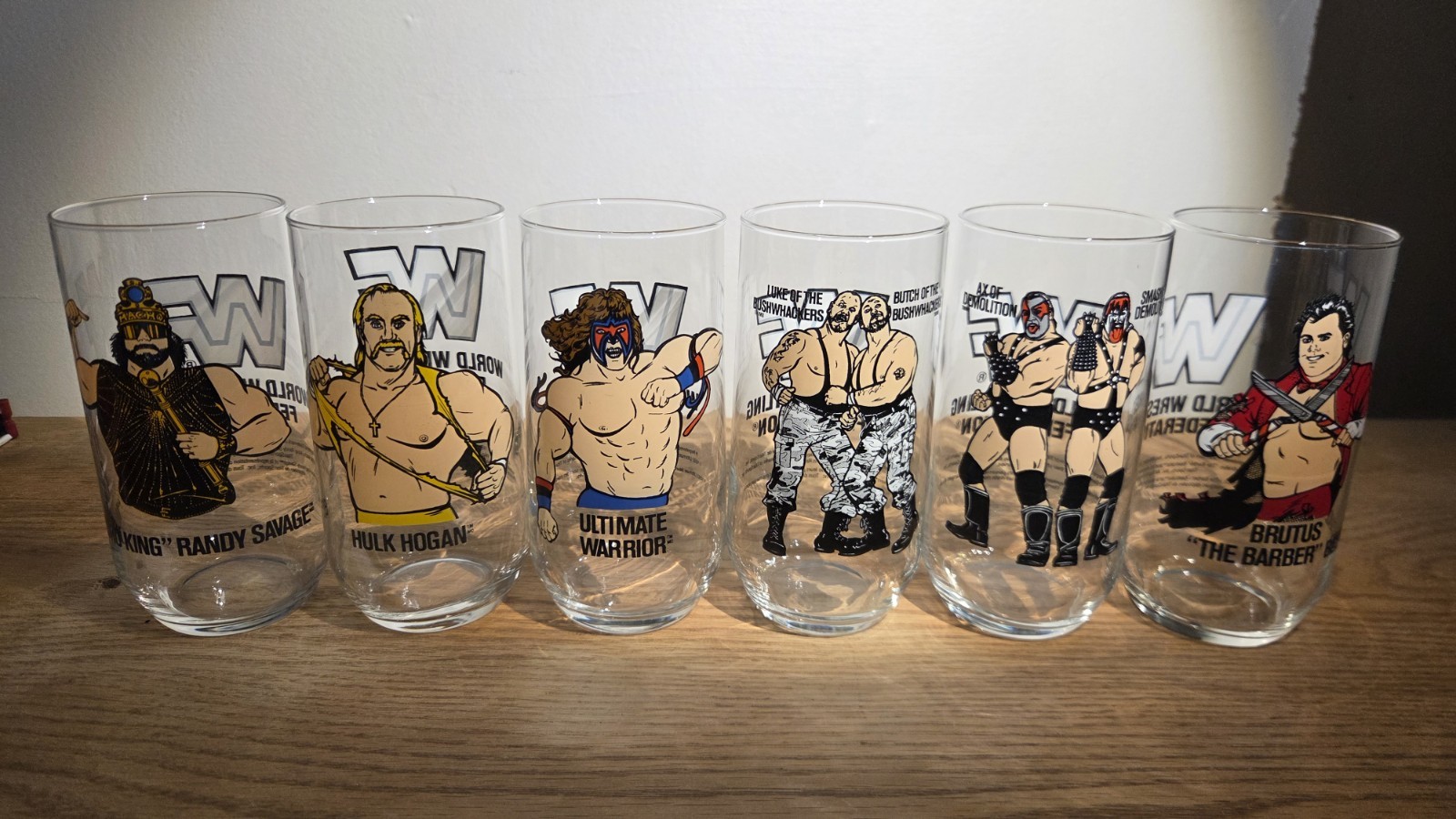 6 1990 WWF Drinking Glasses Complete Set Vintage WWF Hogan Savage Warrior Esso